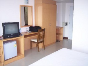Nova Park Hotel amenities in room small TV and frige, desk