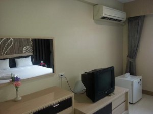 The Green View view of room amenities TV, AC and fridge